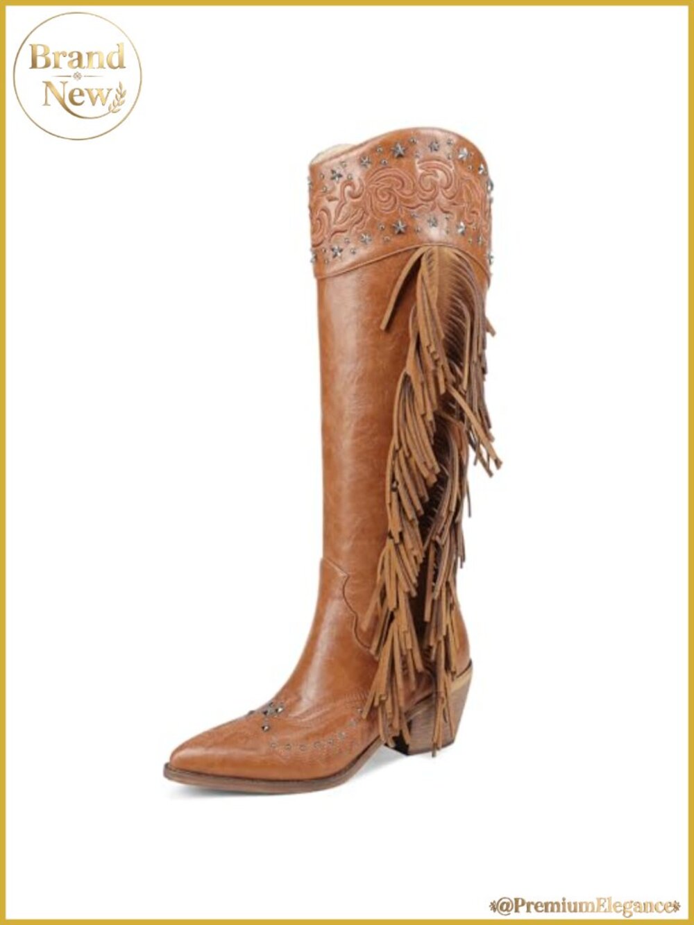 Knee High Cowboy Boots Fringe Tassel Pointed Toe Chunky Heel Western